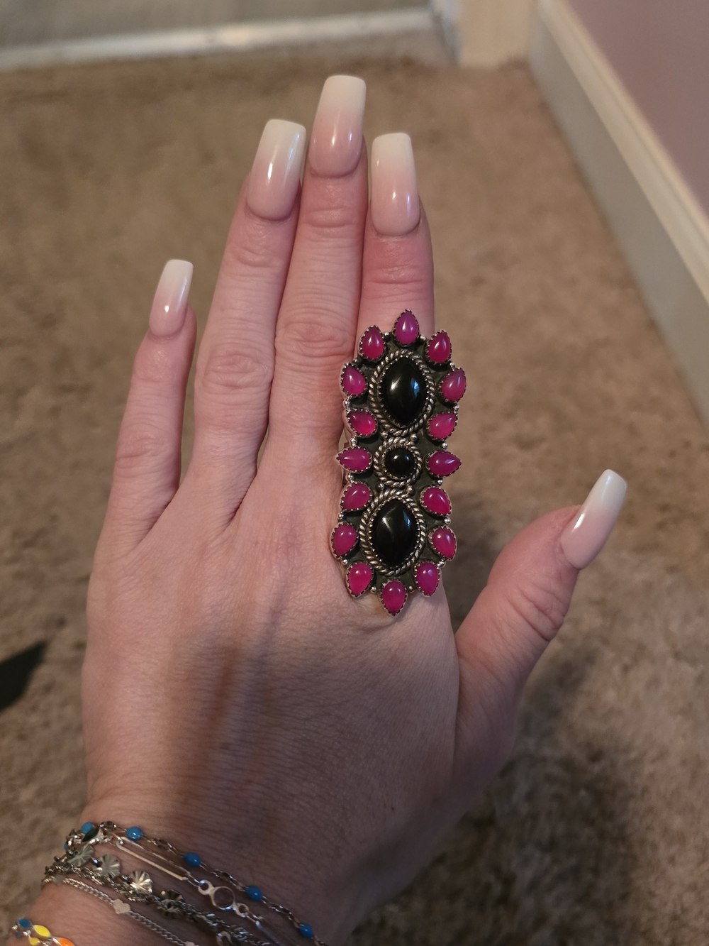 Sterling Silver Black Onyx And Pink Crawler Ring